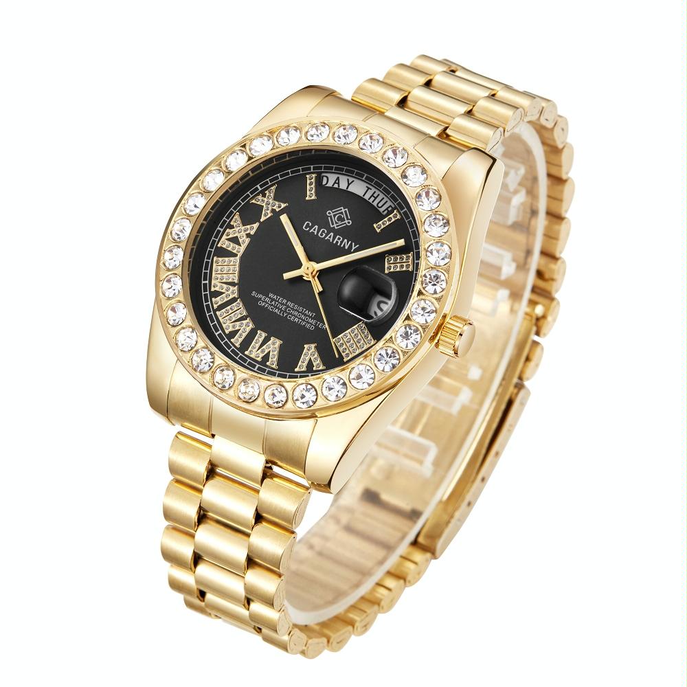 Men Quartz Watch with Diamond-encrusted Roman Numeral Dial - Gold Shell Red Dial 13