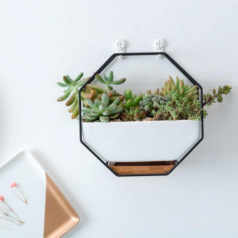 Geometric Wall Hanging Table with Bamboo Support and Iron Frame for Succulents - Black 6