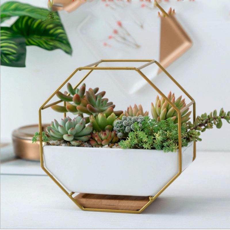 Geometric Wall Hanging Table with Bamboo Support and Iron Frame for Succulents - Black 11