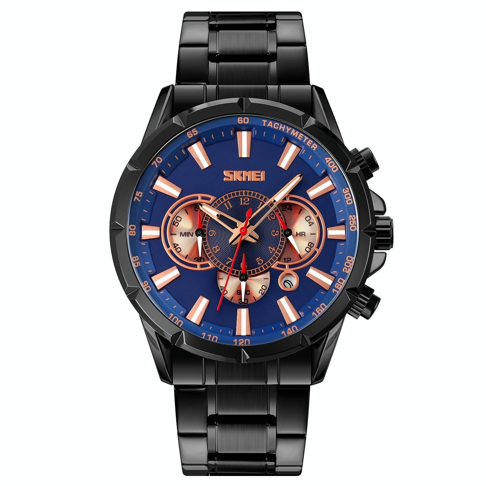 Stainless Steel Men Quartz Watch with Calendar - 9241 - Rose Gold Black