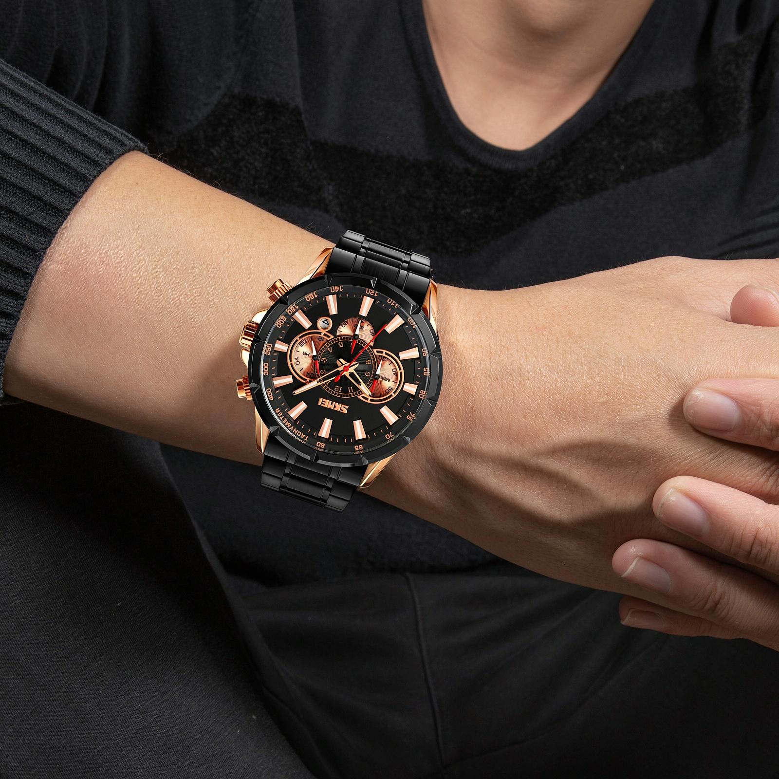 Stainless Steel Men Quartz Watch with Calendar - 9241 - Rose Gold Black 6