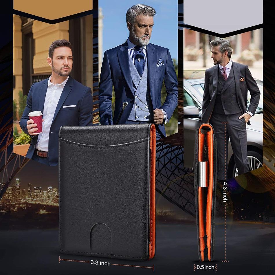 Men Vintage Leather Rfid Wallet - Carbon Fiber Orange Inside 7