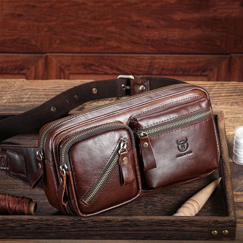 Large Capacity Retro Cowhide Crossbody Bag - Brown