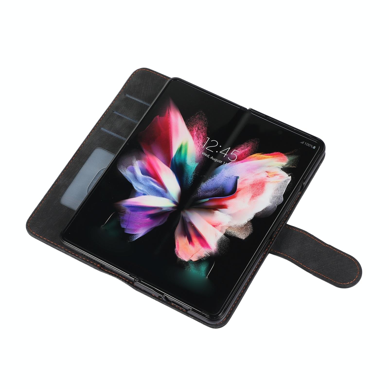 For Samsung Galaxy Z Fold4 5G Leather Phone Case With Pen Slot - Horizontal Flip - Black 6