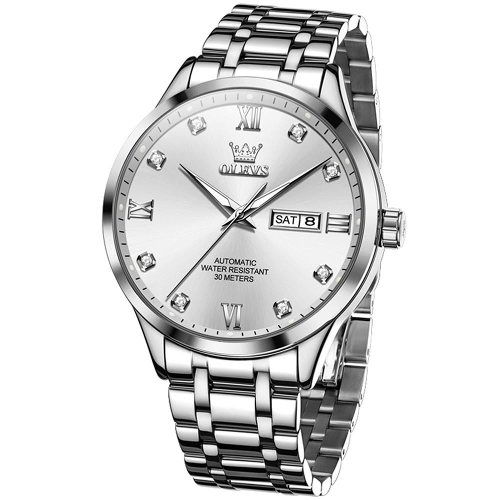 Waterproof Quartz Watch with Diamond Roman Scale for Men - White + Silver 3