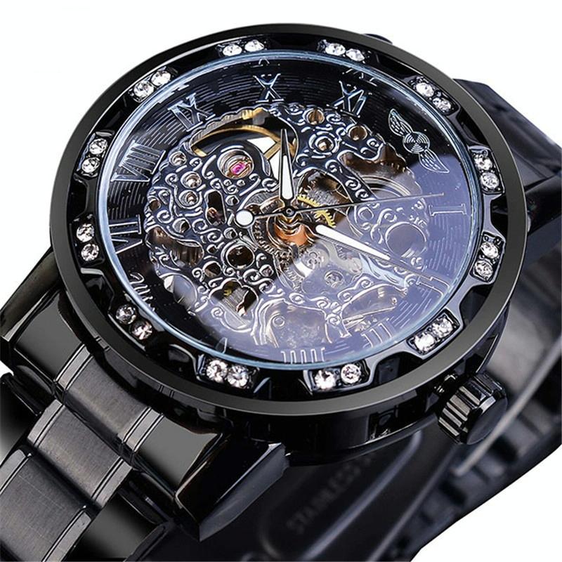 Men Skeleton Diamond Mechanical Watch - Luminous Pointer - Blue Belt Silver Shell Blue Face