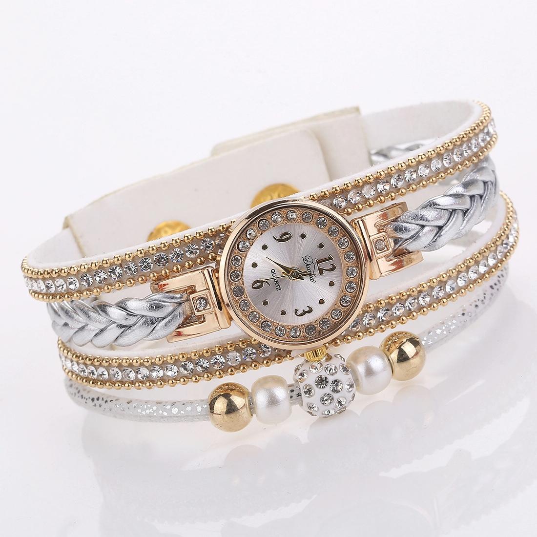 Women Beige Woven Pearl Bracelet Watch - Round Analog Quartz - Red 3