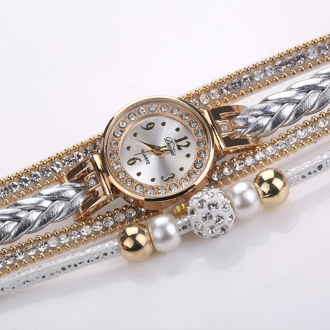 Women Beige Woven Pearl Bracelet Watch - Round Analog Quartz - Red 4