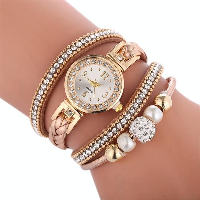 Women Beige Woven Pearl Bracelet Watch - Round Analog Quartz - Red 8
