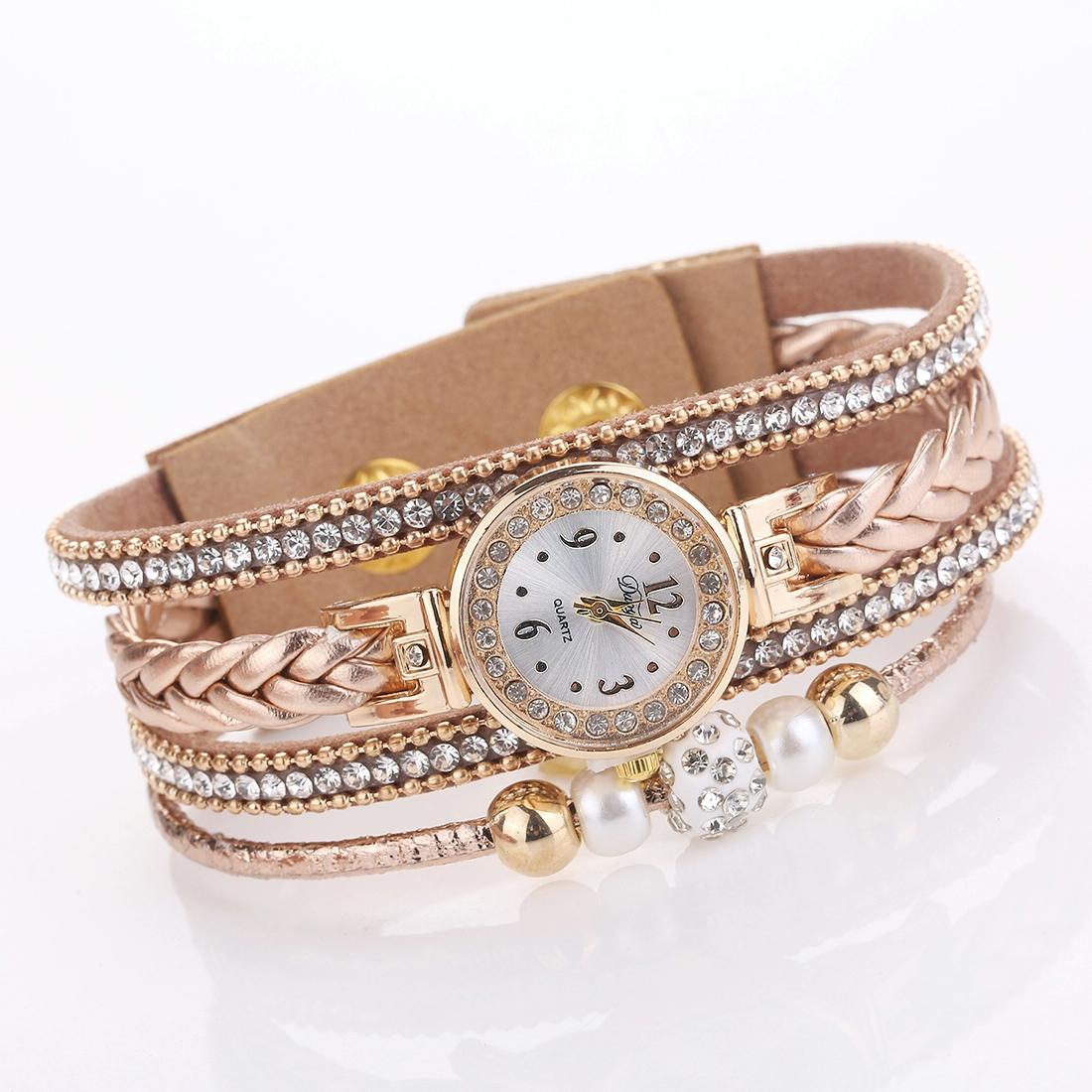 Women Beige Woven Pearl Bracelet Watch - Round Analog Quartz - Red 9