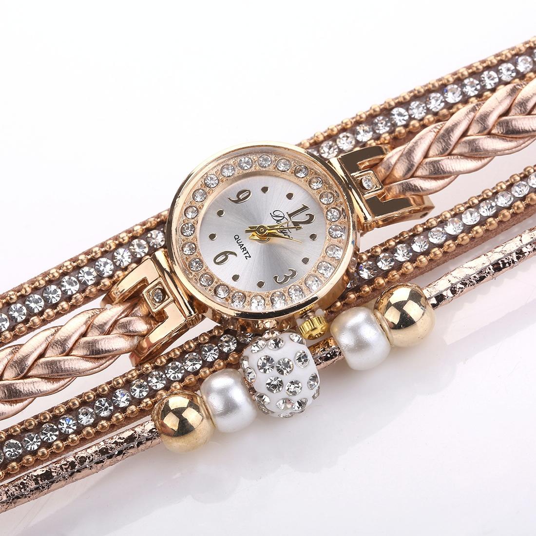 Women Beige Woven Pearl Bracelet Watch - Round Analog Quartz - Red 10