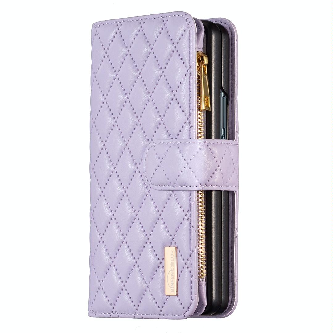 For Samsung Galaxy Z Fold4 5G Leather Zip Wallet - Diamond Lattice Design - Purple 8
