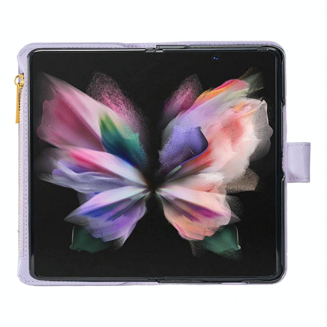 For Samsung Galaxy Z Fold4 5G Leather Zip Wallet - Diamond Lattice Design - Purple 12