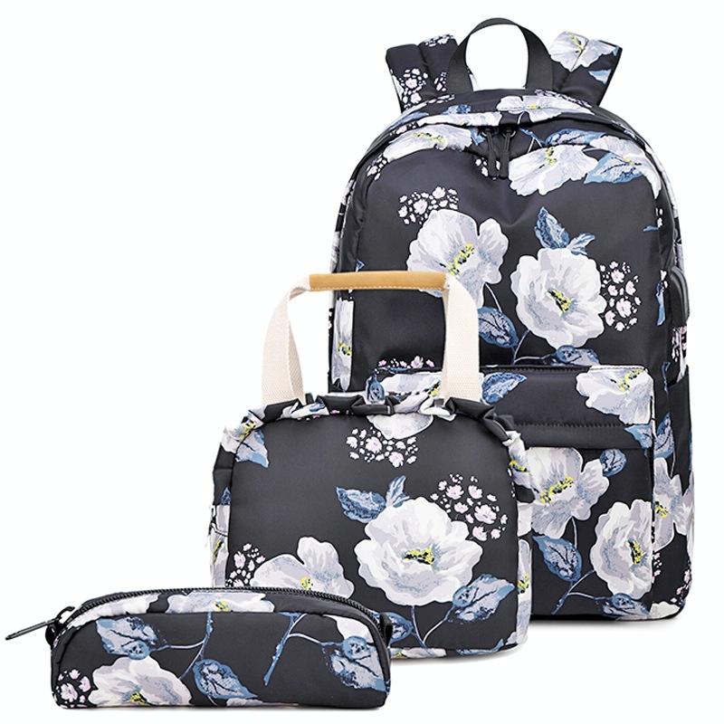 Small Fresh Printed Backpack Set - 3 Pieces for Students - Black