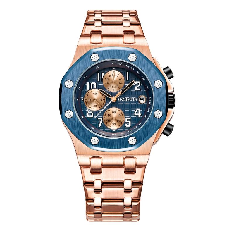 Waterproof Luminous Men Watch with Steel Strap - 6100d - Blue + Rose Gold