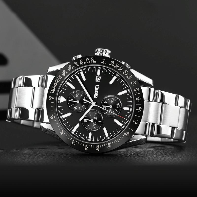 Stainless Steel Strap Quartz Watch for Men with Date and Six Pin Design - Gold Black