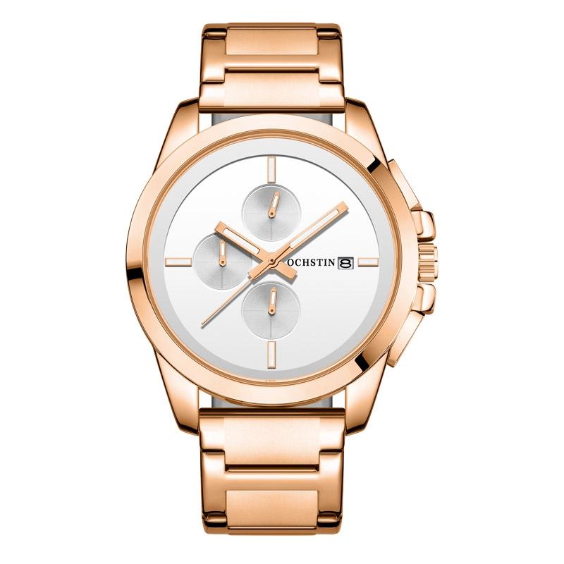 Men Pilot Series Multifunctional Quartz Watch with Steel Band - White + Rose Gold