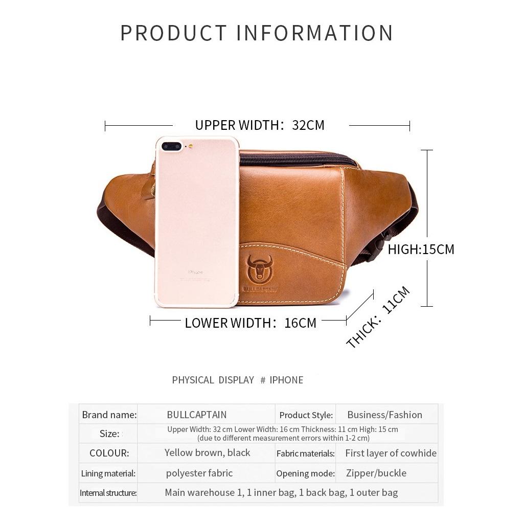 Large Capacity Cowhide Waist Bag For Men - Yellow Brown 4