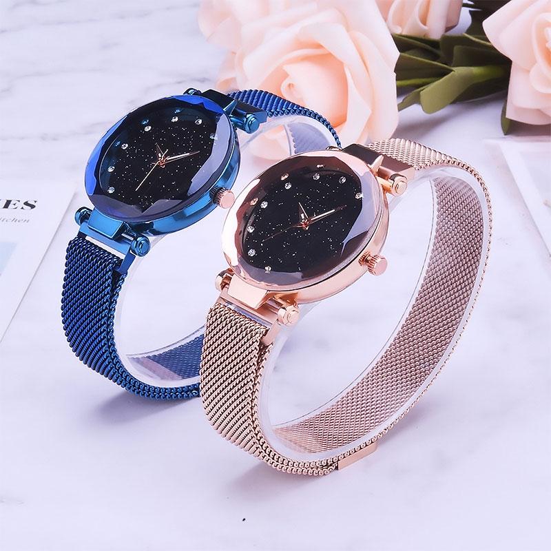 Starry Diamond Geometric Quartz Watch with Magnet Buckle - Luxury Mesh for Women - Blue 14