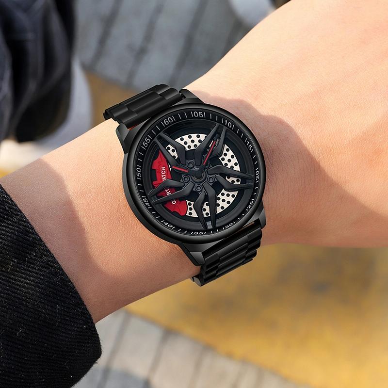 Men 360 Degree Hollow Spinning Dial Quartz Watch with Steel Strap - Black 3