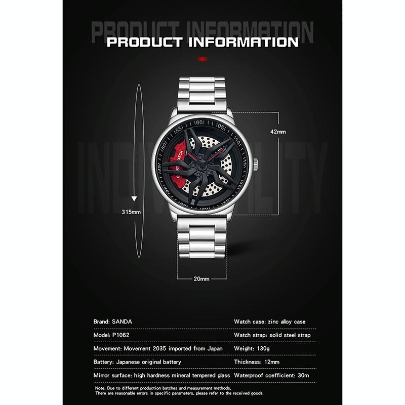 Men 360 Degree Hollow Spinning Dial Quartz Watch with Steel Strap - Black 8
