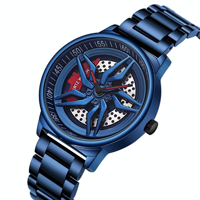 Men 360 Degree Hollow Spinning Dial Quartz Watch with Steel Strap - Black 9
