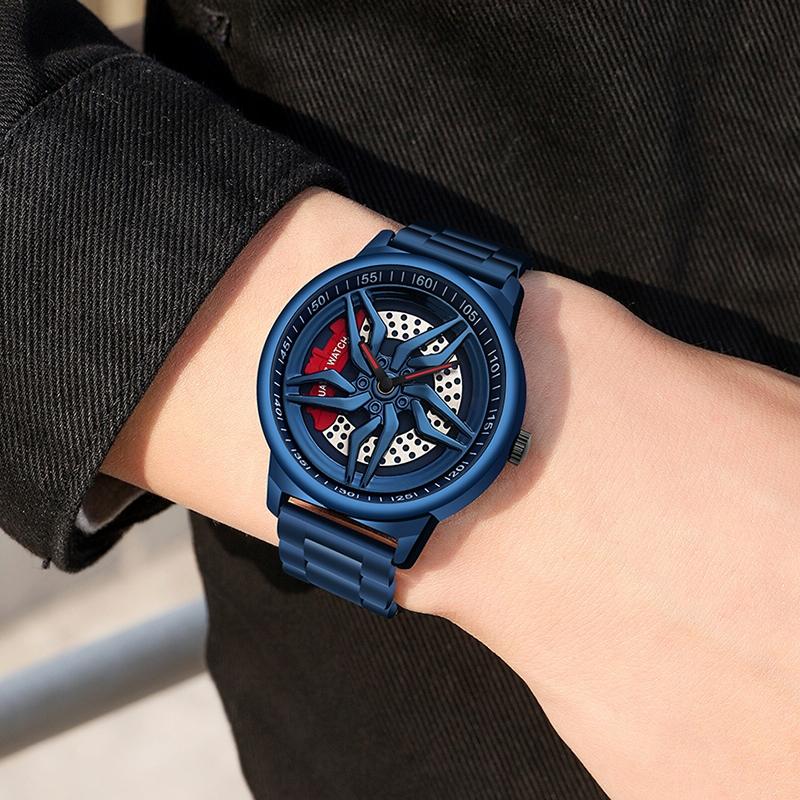 Men 360 Degree Hollow Spinning Dial Quartz Watch with Steel Strap - Black 10