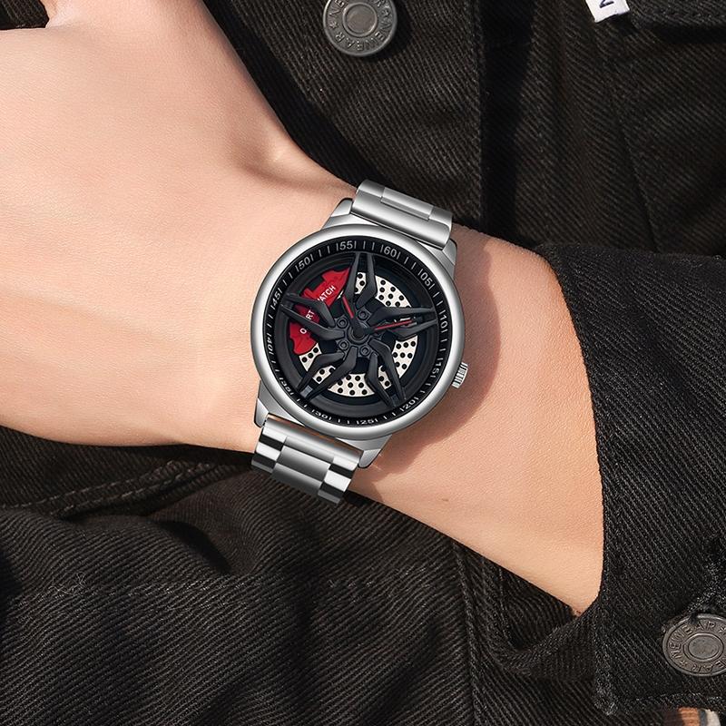 Men 360 Degree Hollow Spinning Dial Quartz Watch with Steel Strap - Black 12
