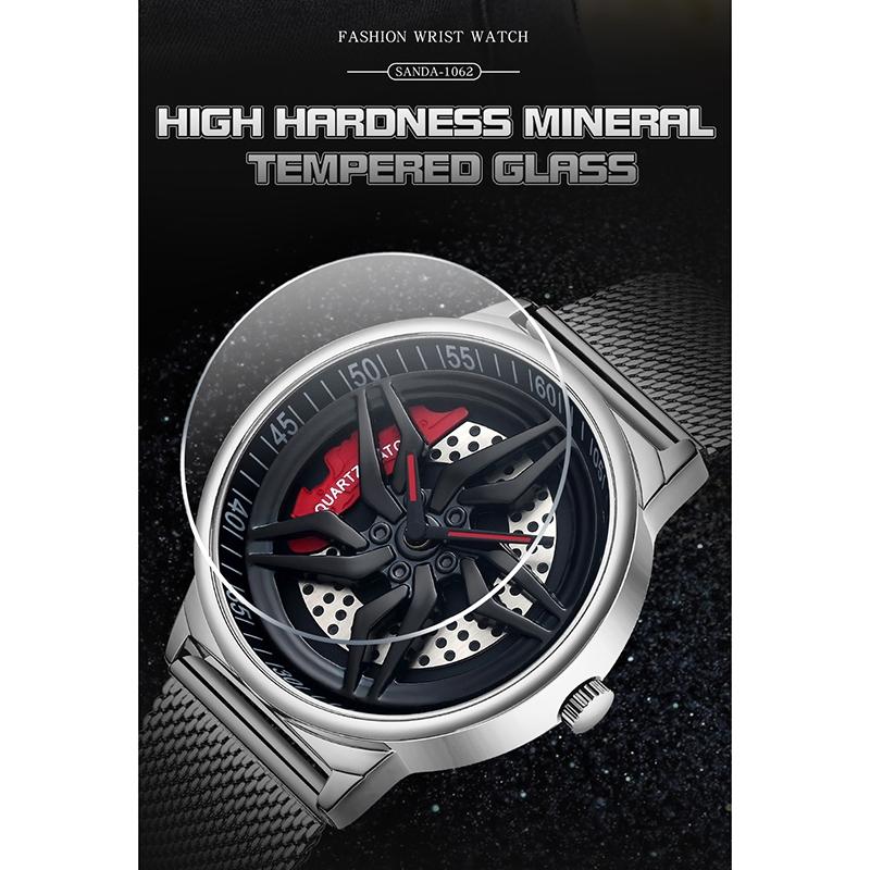 Men 360 Degree Hollow Dial Mesh Strap Quartz Watch - Spinning Design - Black 6