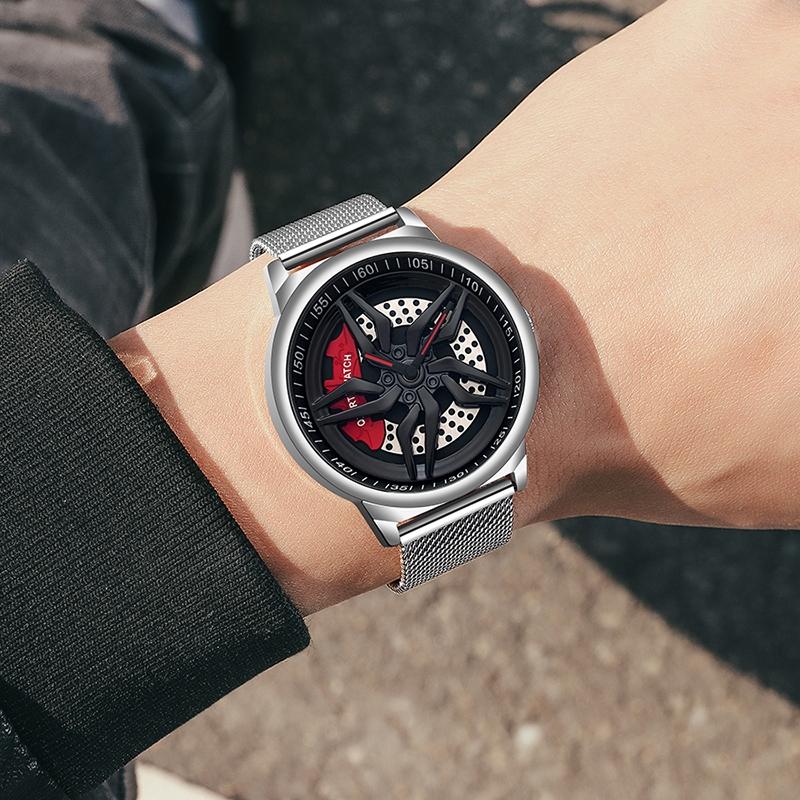 Men 360 Degree Hollow Dial Mesh Strap Quartz Watch - Spinning Design - Black 7