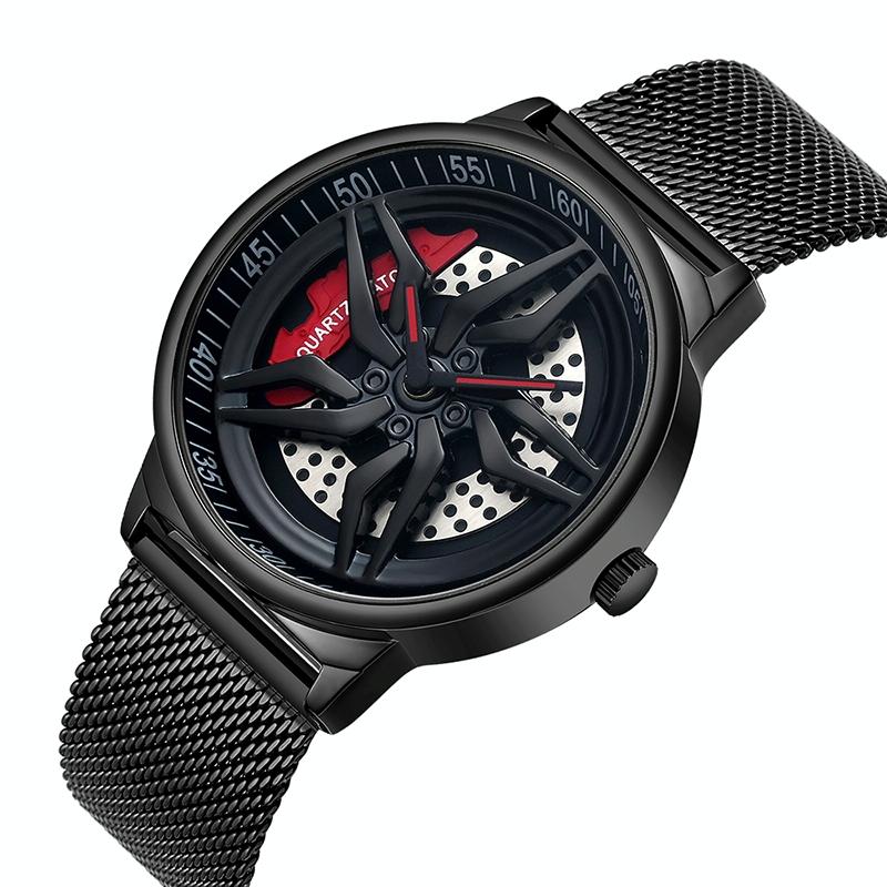 Men 360 Degree Hollow Dial Mesh Strap Quartz Watch - Spinning Design - Black 10