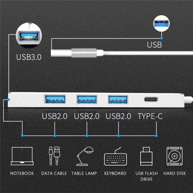 Usb 3.0 Type-C + 4-Port Hub For Laptop Expansion - Silver 4