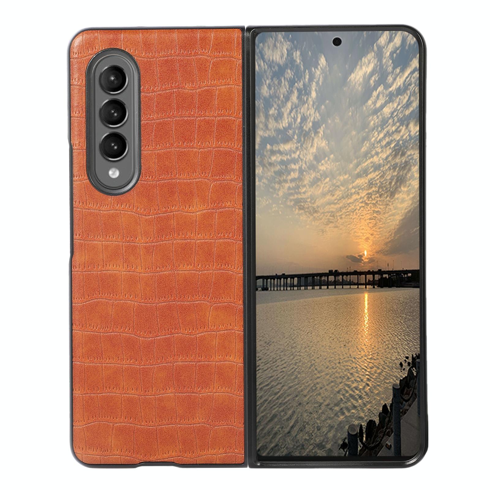 For Samsung Galaxy Z Fold4 5G Foldable Crocodile Texture Phone Case - Pu Leather - Red