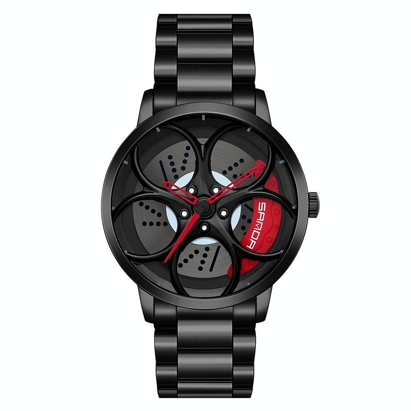 Men Steel Belt Quartz Watch with 3d Oval Hollow out Wheel - Black Green
