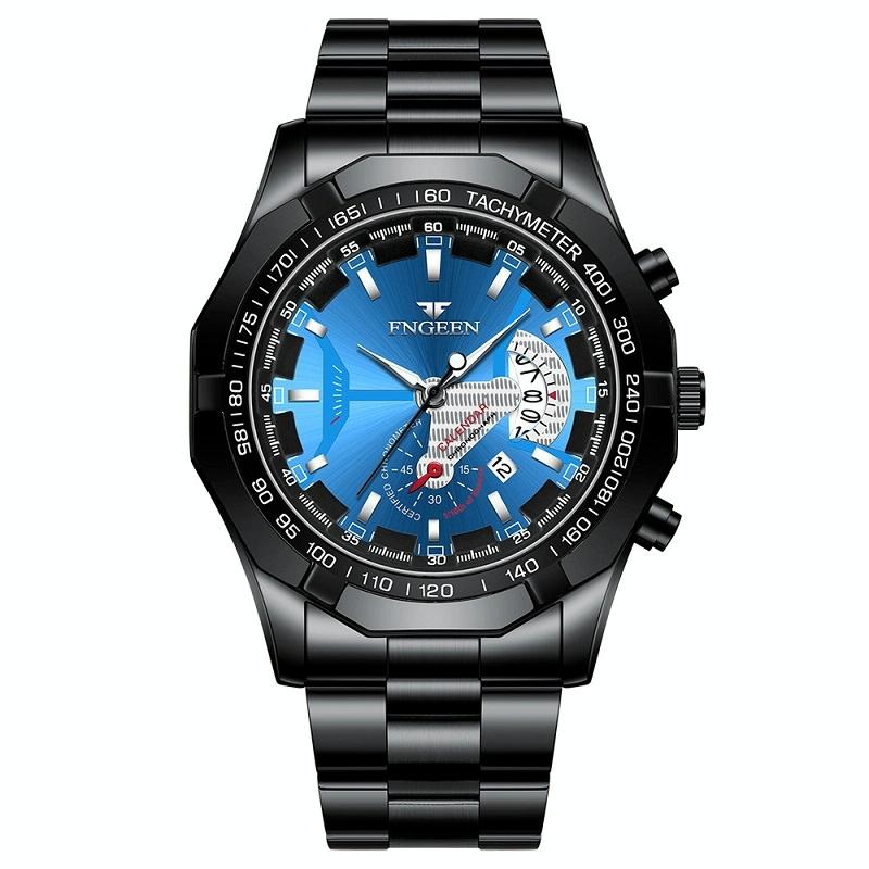 Waterproof Men Calendar Watch - Black Steel Blue Surface