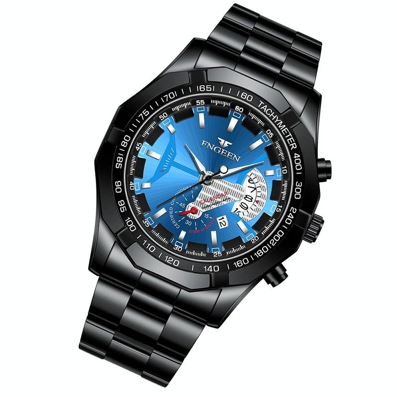 Waterproof Men Calendar Watch - Black Steel Blue Surface 13