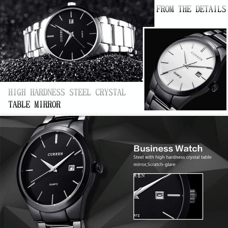 Waterproof Full Steel Quartz Watch - Fashion Business Calendar - White Case Black Face 6