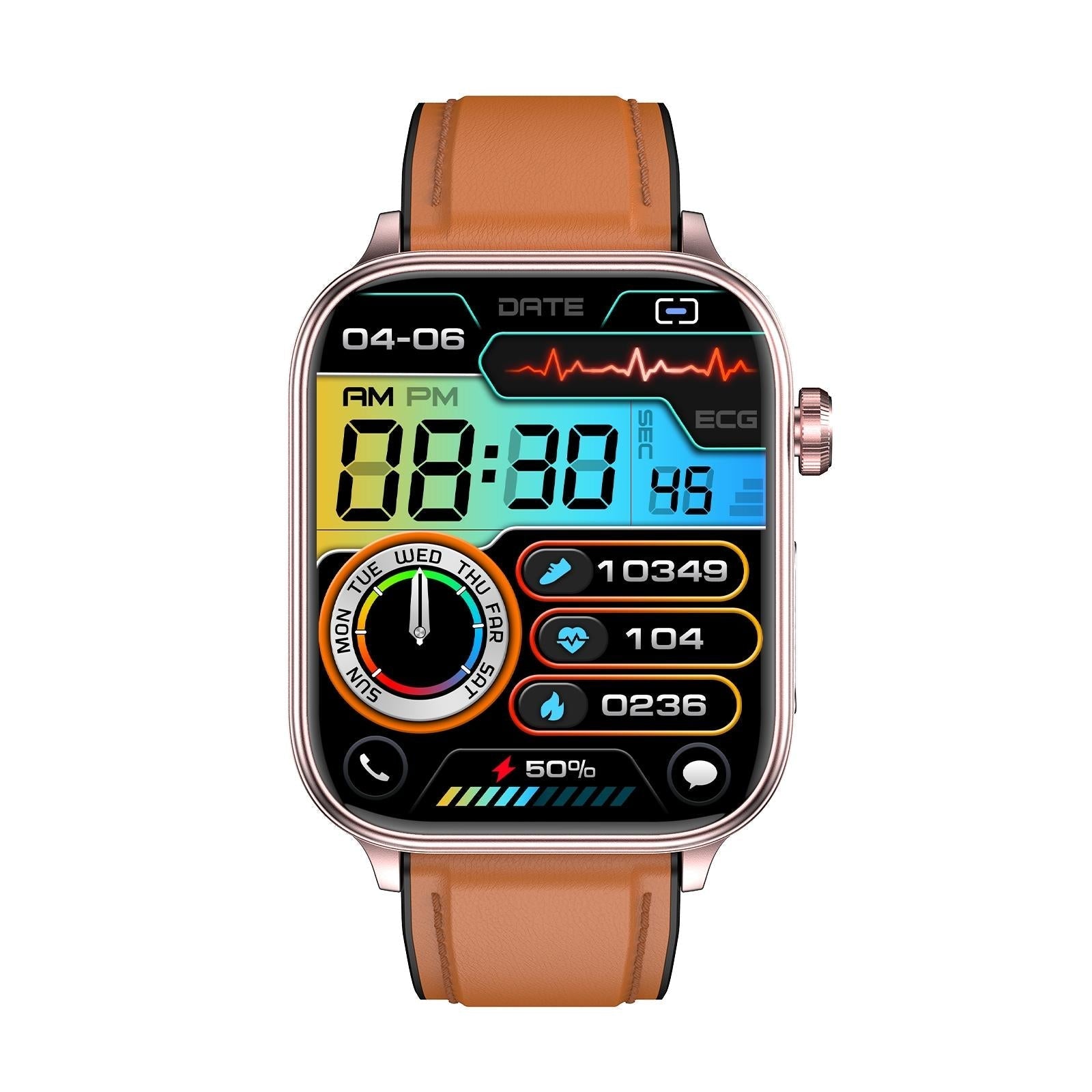 1.96 Inch Colour Screen Smart Watch Leather Strap Support Bluetooth Call / Ecg - Brown 3