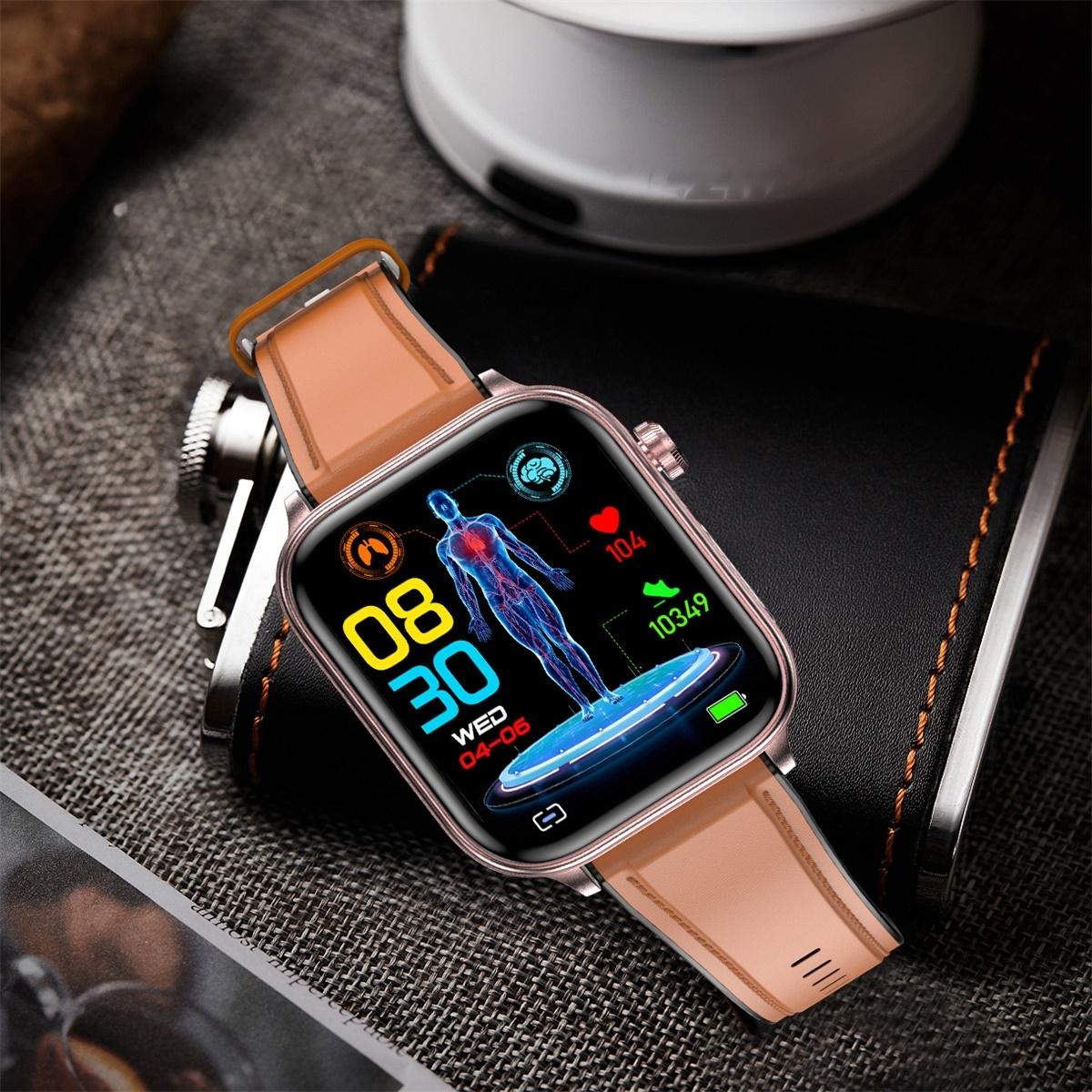1.96 Inch Colour Screen Smart Watch Leather Strap Support Bluetooth Call / Ecg - Brown 11