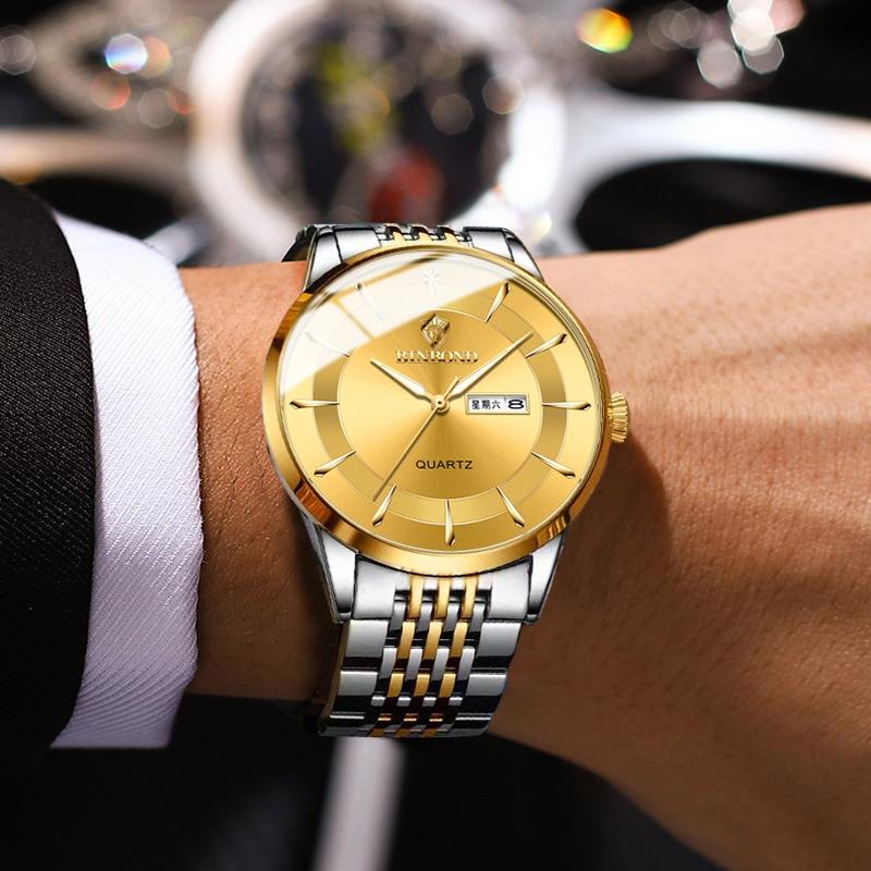 Waterproof Quartz Men Watch with Luminous Butterfly Buckle and Steel Belt - 30m - Inter-Gold-Black 9