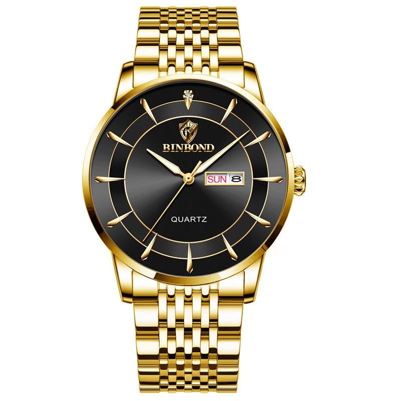Waterproof Quartz Men Watch with Luminous Butterfly Buckle and Steel Belt - 30m - Inter-Gold-Black 14