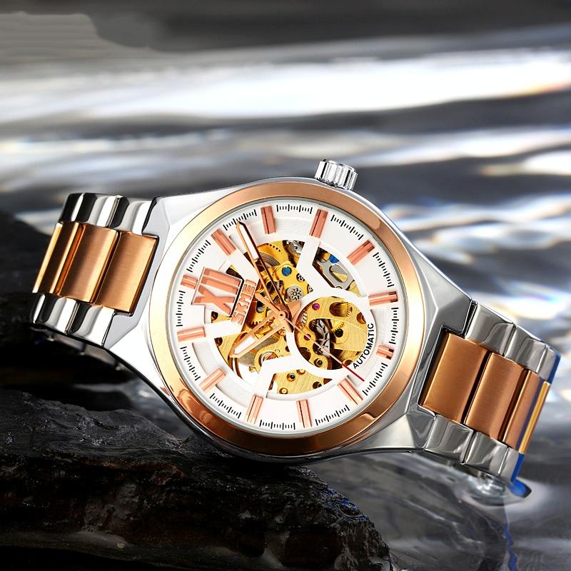 Men Automatic Mechanical Watch with Two-tone Stainless Steel Strap - Middle Rose Gold Shell Silver Surface 4