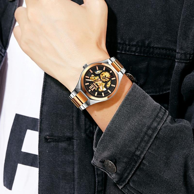 Men Automatic Mechanical Watch with Two-tone Stainless Steel Strap - Middle Rose Gold Shell Silver Surface 5