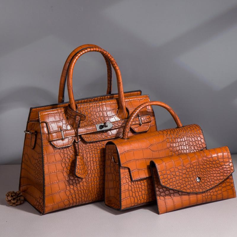 Large Capacity 3-in-1 Crocodile Print Crossbody Tote - Diagonal Design - Rose Red 3