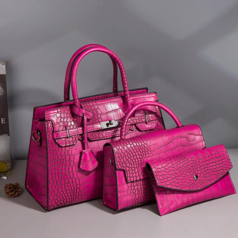 Large Capacity 3-in-1 Crocodile Print Crossbody Tote - Diagonal Design - Rose Red 11