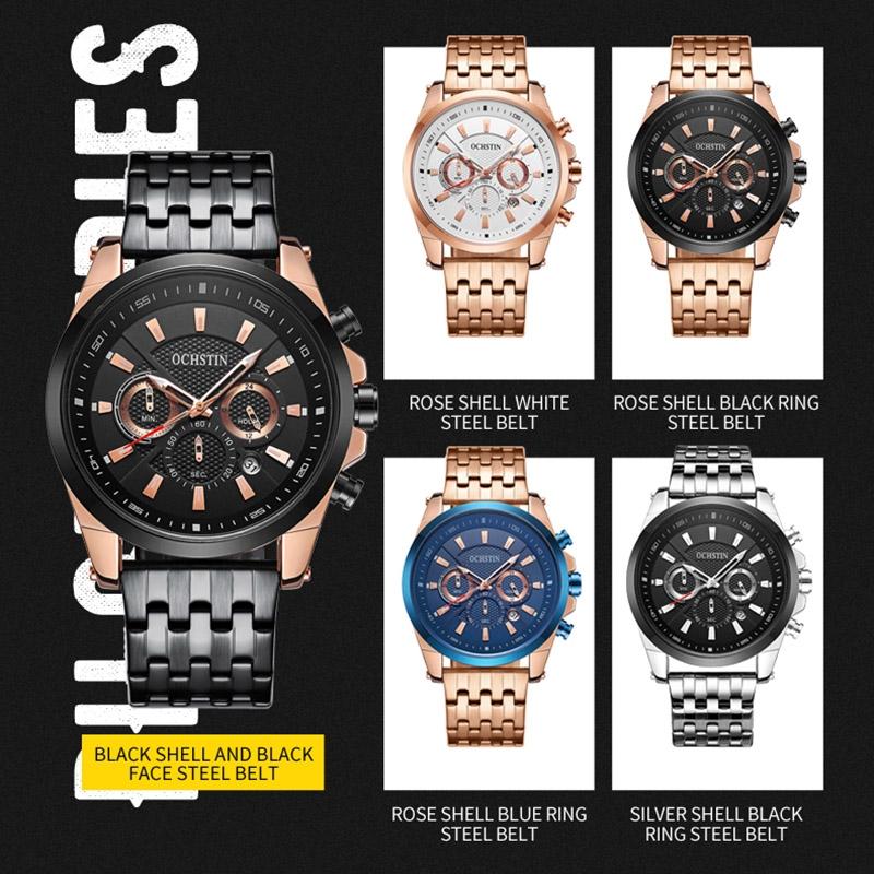 Multifunctional Steel Strap Men Watch - Fashionable Quartz - Rose Gold Black