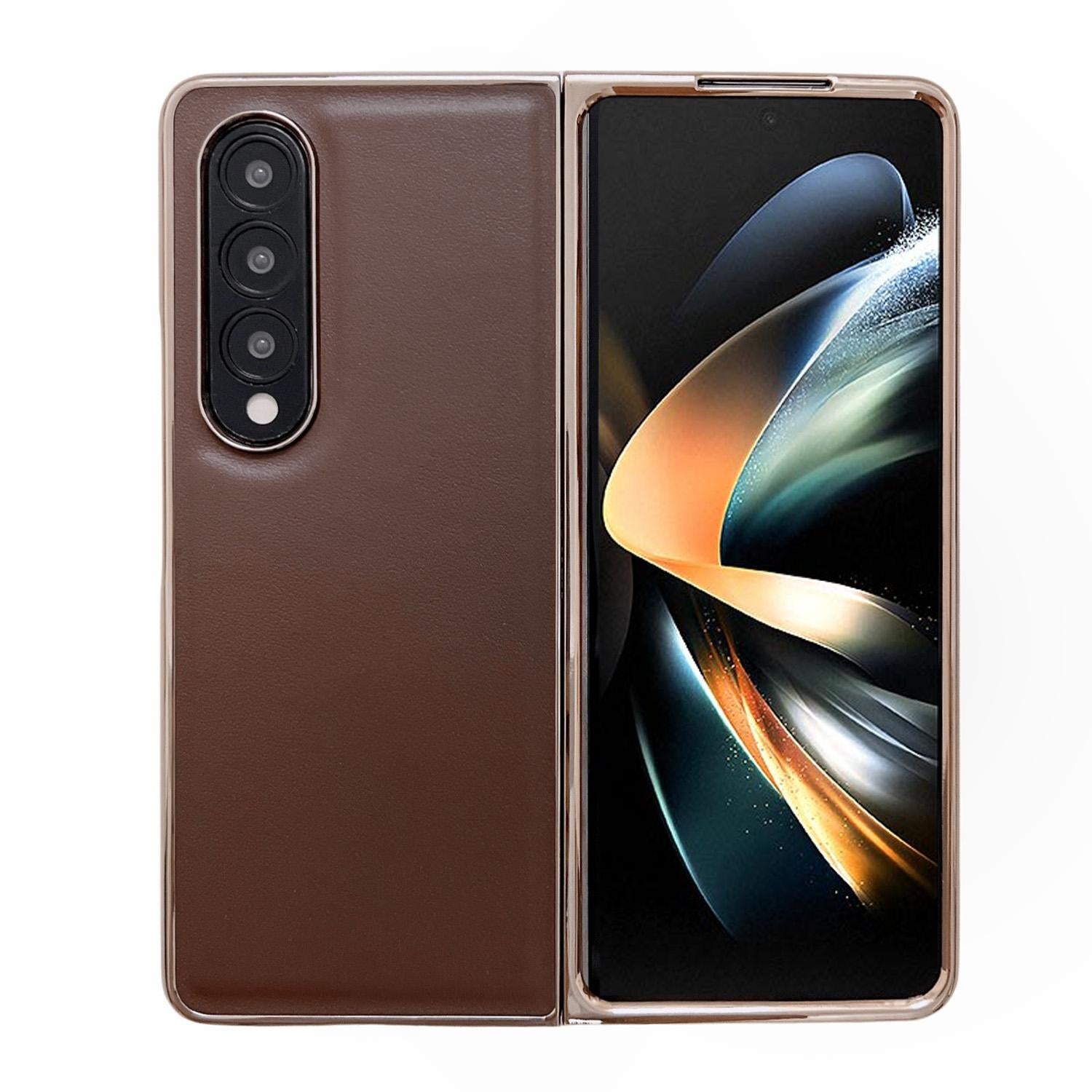 For Samsung Galaxy Z Fold4 5G Xiaoya Series Genuine Leather Plating Case - Coffee 9