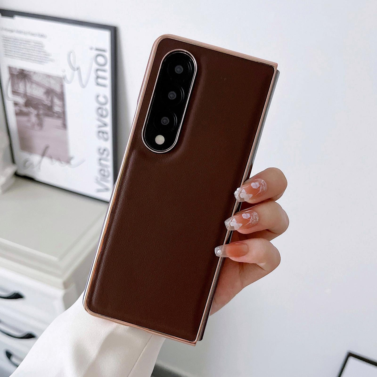 For Samsung Galaxy Z Fold4 5G Xiaoya Series Genuine Leather Plating Case - Coffee 10