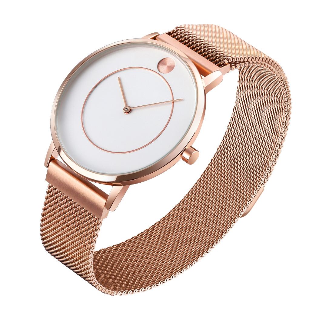 Women Metal Mesh Quartz Watch with Non-scale Dial - Rose Gold Blue Surface 11