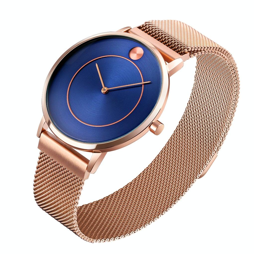 Women Metal Mesh Quartz Watch with Non-scale Dial - Rose Gold Blue Surface 12
